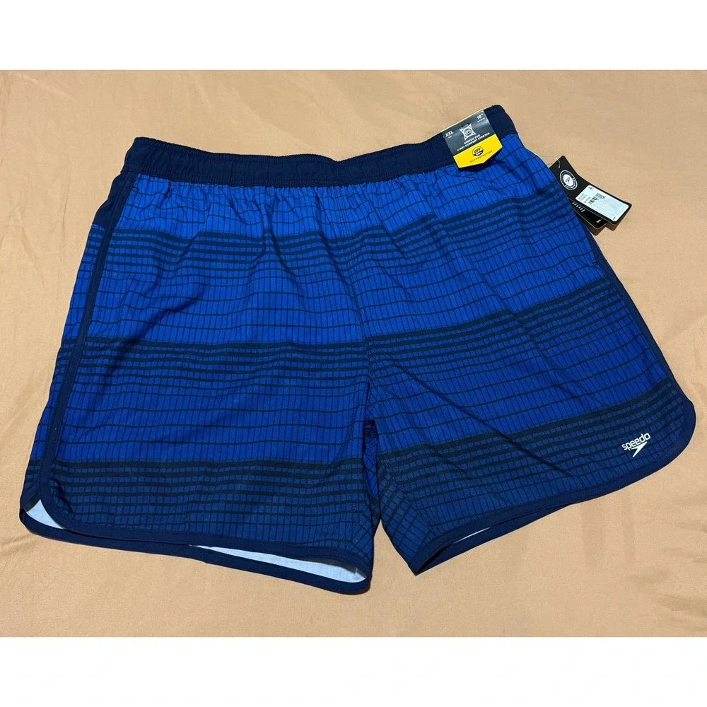 Speedo Men's Blue Grid Print Swim Trunks 16